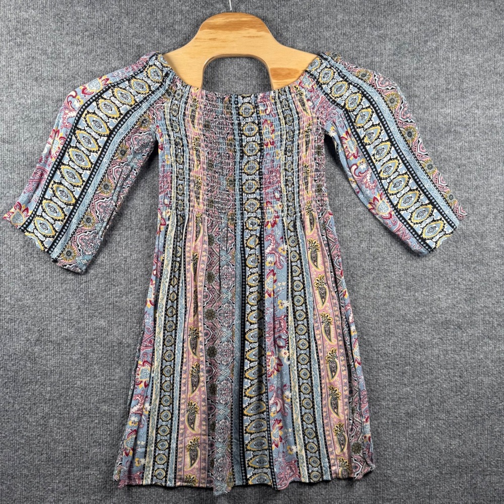 Smocked Boho Small Mini‎ Dress Tunic 3/4 Sleeve Hippie Peasant Festival Babydoll
